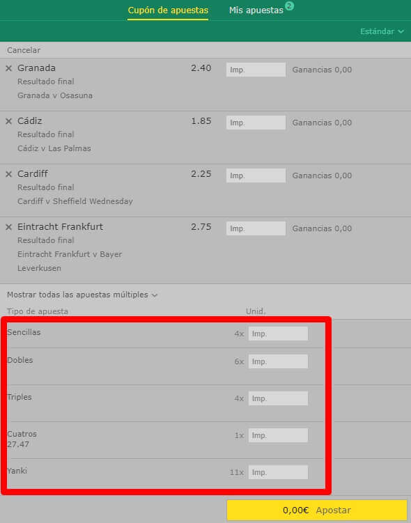 Bet365 apuestas multiples combinadas Yankeee cuadruples triples y dobles