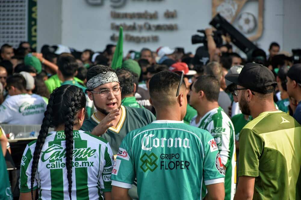 Leon, Mexico. Aug. 17, 2019 - Mexican soccer fans supporting local team prior to match between Leon FC vs Chivas FC where Leon wins