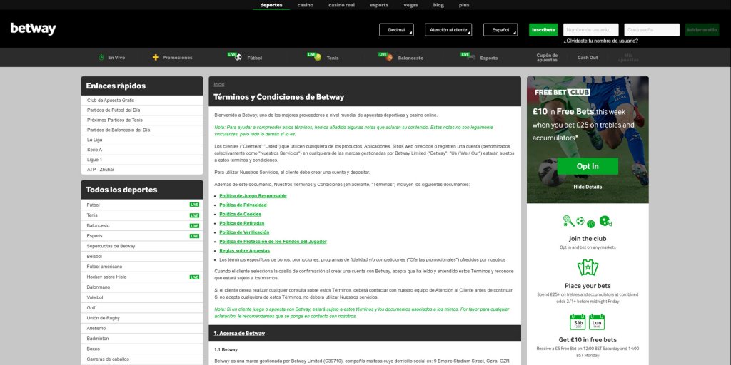 Terminos de Betway