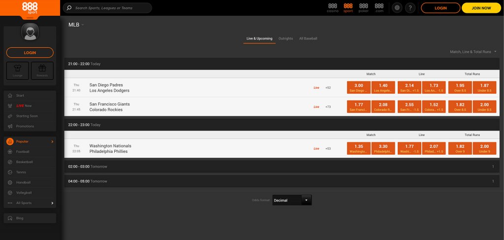 MLB betting with 888sport